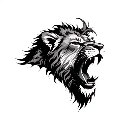 "Design a powerful and symbolic tattoo featuring a lion’s head, with its mouth open wide. Inside the lion's mouth, integ tattoo design idea