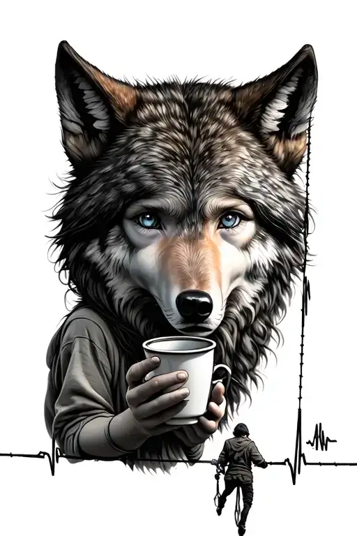 Wolf's head, a little girl holding a cup with a string on the end to her ear, ECG trace, tightrope walker, good/evil tattoo design idea