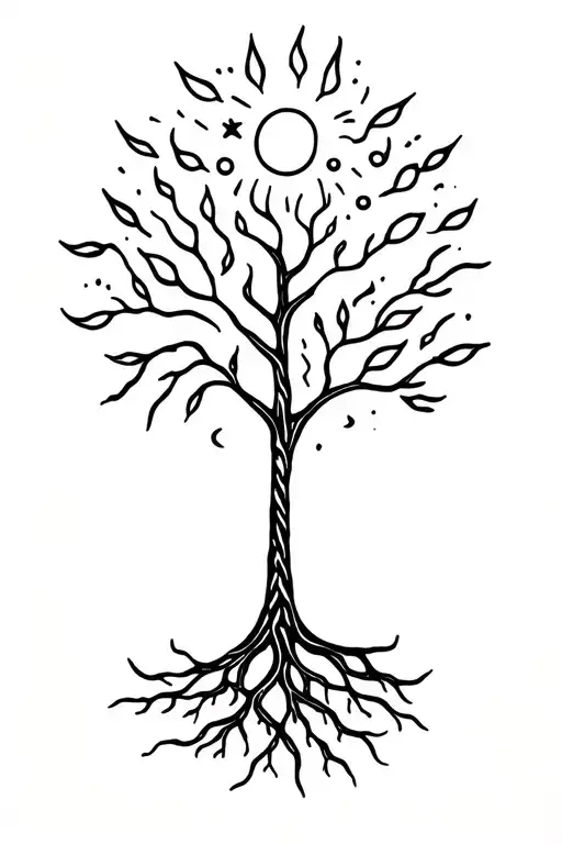 earthy, has small tree, roots, celestial, back tattoo, sun , happy, hippie vibes tattoo design idea