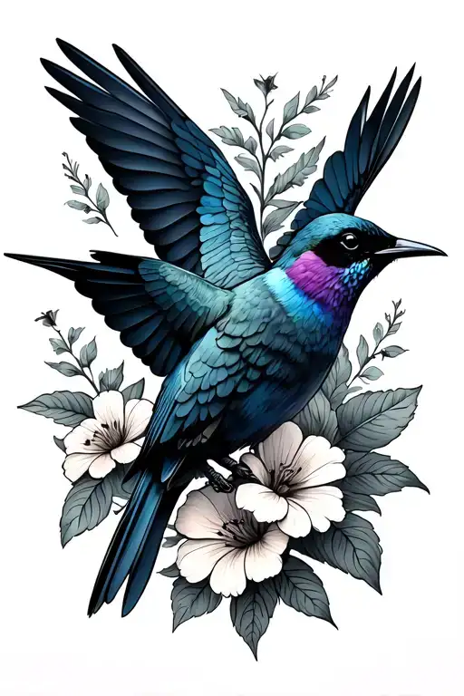 raven hummingbird barn swallow all flying around flowers tattoo design idea