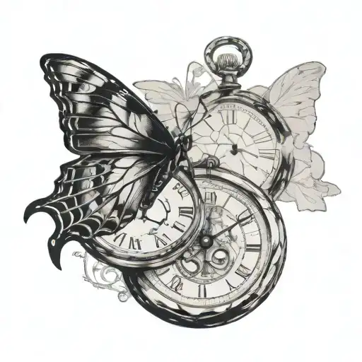 Parent-child silhouette, cracked pocket watch, butterfly resting, subtle black and gray shading, deep symbolism tattoo design idea
