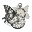 Parent-child silhouette, cracked pocket watch, butterfly resting, subtle black and gray shading, deep symbolism tattoo design idea
