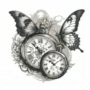 Parent-child silhouette, cracked pocket watch, butterfly resting, subtle black and gray shading, deep symbolism tattoo design idea