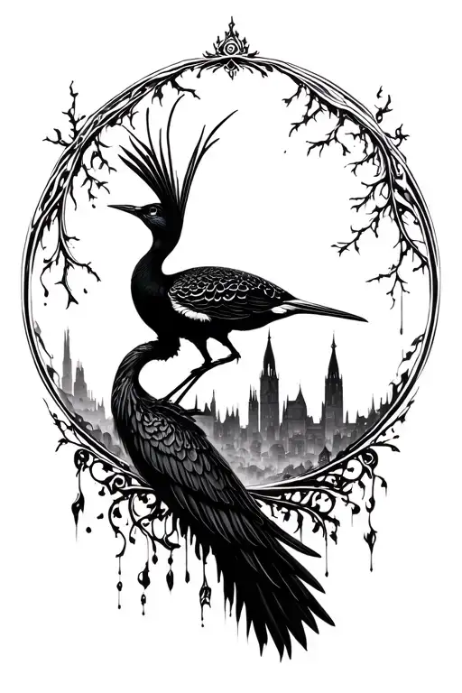 Lyrebird and a liquid inverted gothic cathedral skyline tattoo design idea