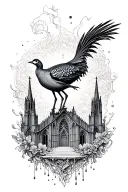 Lyrebird and a liquid inverted gothic cathedral skyline tattoo design idea