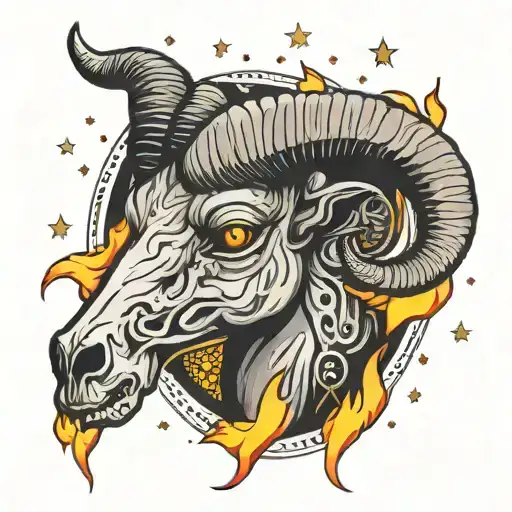 aries symbol with ram skull surrounded by stars of the constellation and flames  tattoo design idea