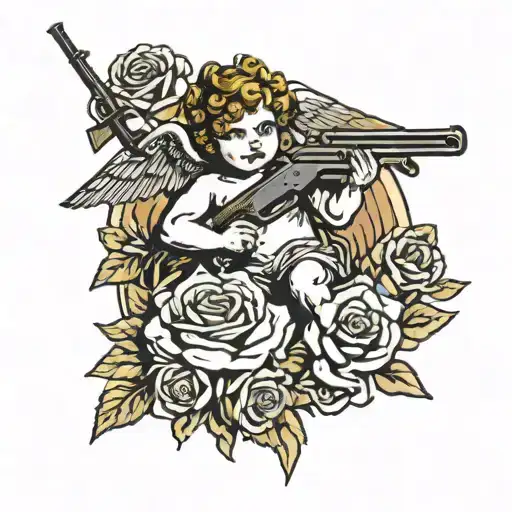 angel cupid carries a shotgun upward surrounded by roses tattoo design idea