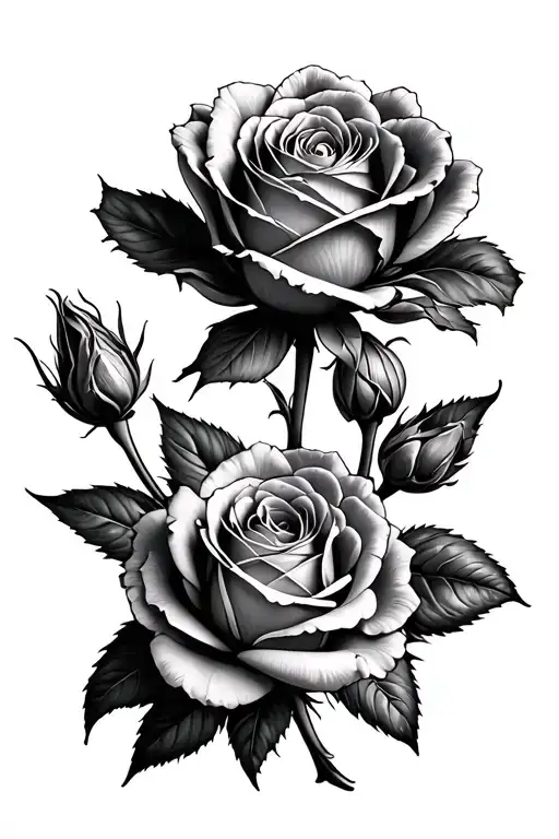 floral composition of two wilted flowers, one open rose, 6 buds  tattoo design idea