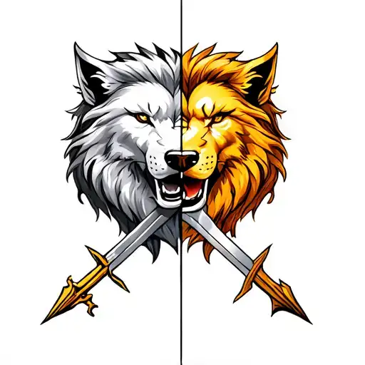 Make forearm tattoo with half lion half wolf with sword or arrow in between them tattoo design idea