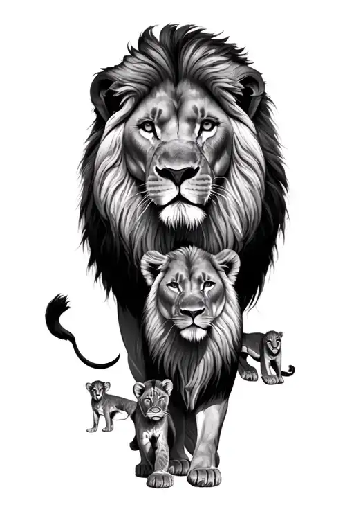 Family of lions, Lion with big maine, lioness, and 2 cubs tattoo design idea