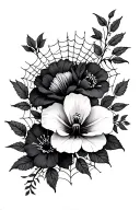 poisonous flowers with negative space arm sleeve with spiderwebs, gothic tattoo design idea