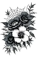 poisonous flowers with negative space arm sleeve with spiderwebs, gothic tattoo design idea