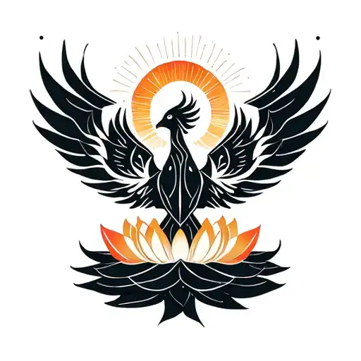 Phoenix coming out of a lotus flower that flies away to reach the sun tattoo design idea