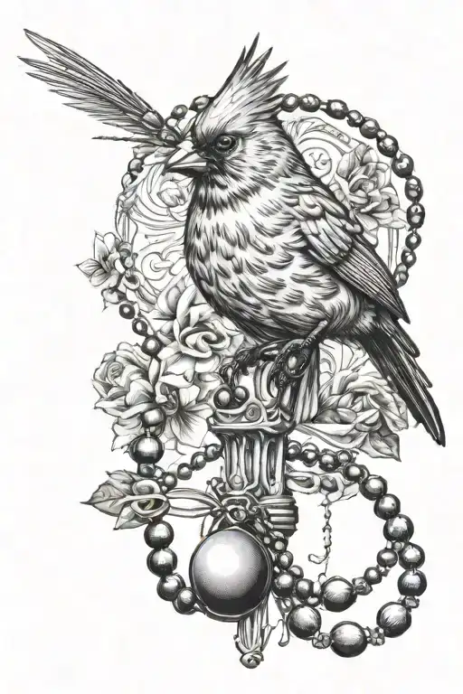 cardinal perched on a rosary with beads wrapping tattoo design idea