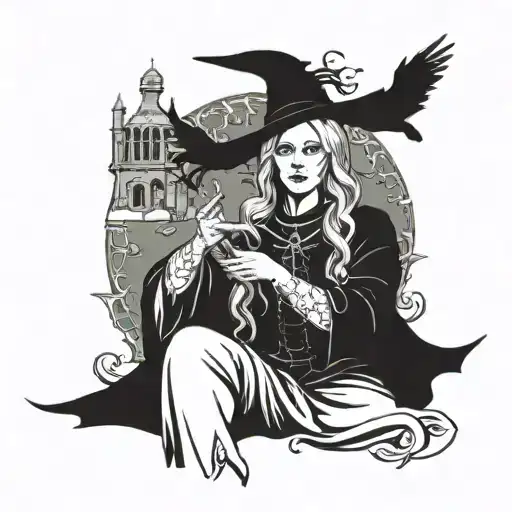 Composition: The central image is a powerful 15th century European witch, wearing dark Gothic-style clothing, combining  tattoo design idea