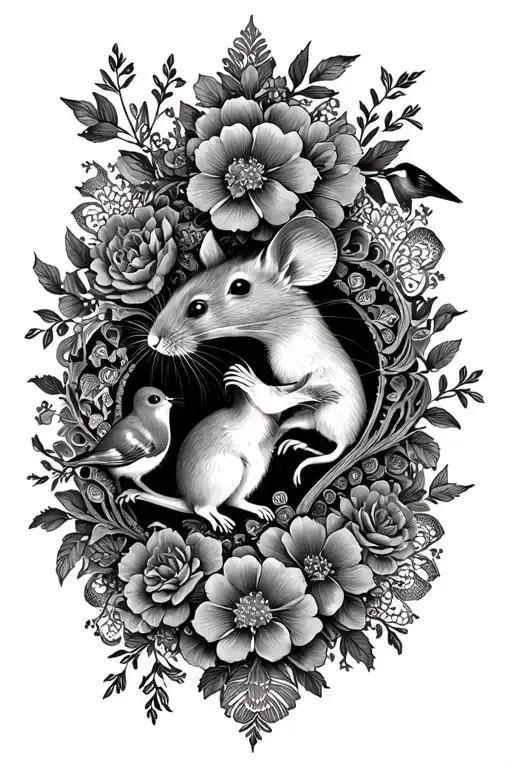 floral lace with mice and birds tattoo design idea