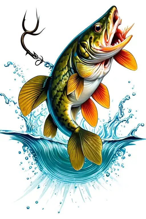 A northern pike fish with a hook going through its mouth jumping out of the water with color tattoo design idea