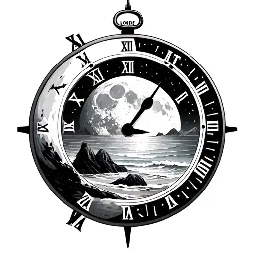 moon or a planet inside a time dial, words let it be, beach, mountain, relaxing human. minimal tattoo, less black ink tattoo design idea