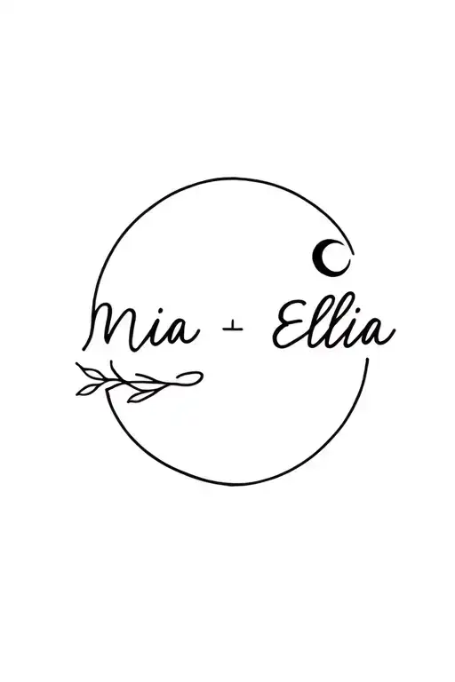 incorporate names Mia and Ellia, fine line, minamilist, with a moon, Dainty and girly  tattoo design idea