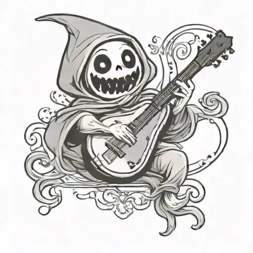 cartoon ghost playing mandolin simple line drawing tattoo design idea