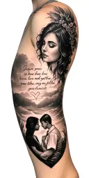 sleeve tattoo featuring something to do with love, and mayby a quote or some and a small siluette of a mother and a son tattoo design idea