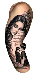 sleeve tattoo featuring something to do with love, and mayby a quote or some and a small siluette of a mother and a son tattoo design idea