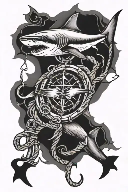 shark with anchor compass and rope  tattoo design idea