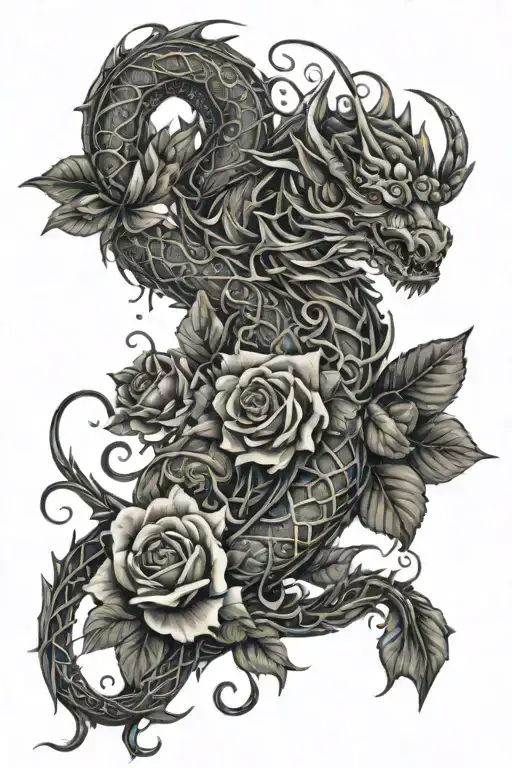 roses, Lilly's, butterflies, and vines mythical dragon  tattoo design idea
