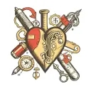 Emergency physician's tools arranged in the shape of a heart with family members' initials tattoo design idea