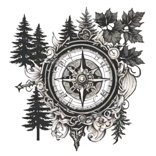 forests hunting compass and clock tattoo design idea