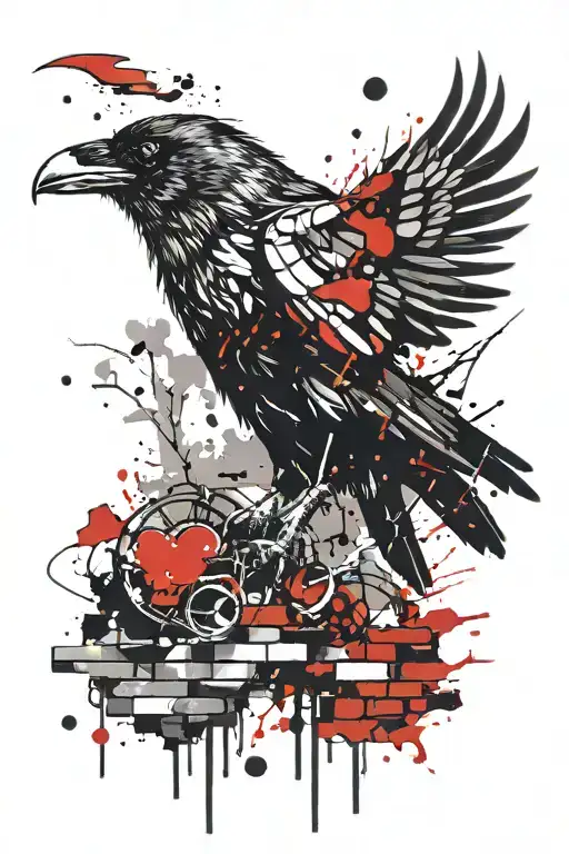 raven, human heart, brick wall being built tattoo design idea
