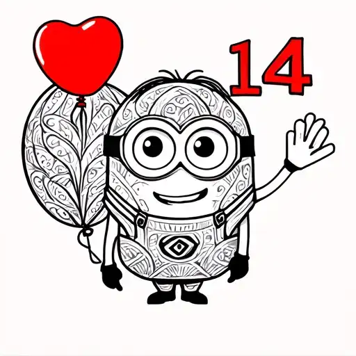 cute minion with red heart ballon and number 14 on ballon tattoo design idea