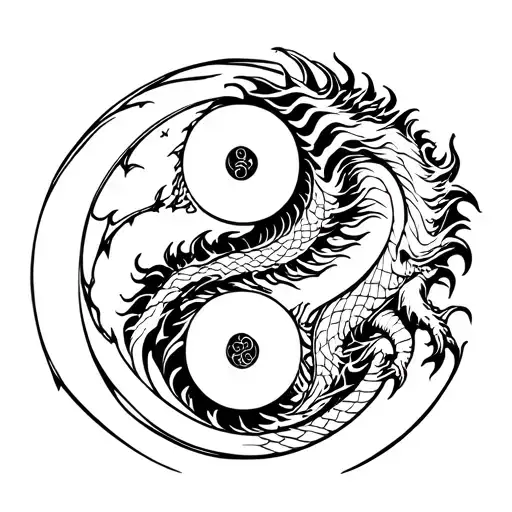 Dragon inside of a yin yang symbol with cut lines. No shading. No greyscale tattoo design idea