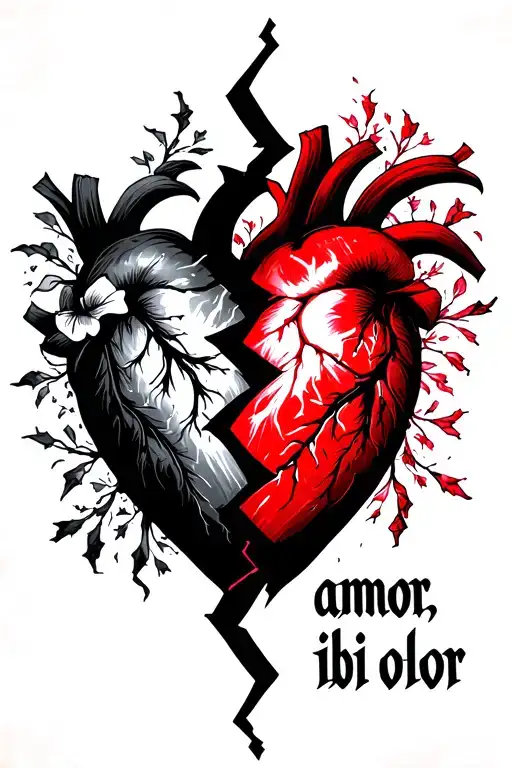 Ubi amor, ibi dolor text next to the heart broken apart one side is black and other is red tattoo design idea