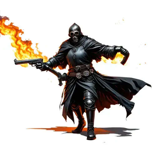 Knight of dead in black long robe, with gas mask, and shotgun in hand, fire behind him tattoo design idea