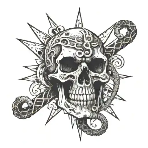 Skull with a snake coming out of the mouth and wrapping round a magic wand tattoo design idea