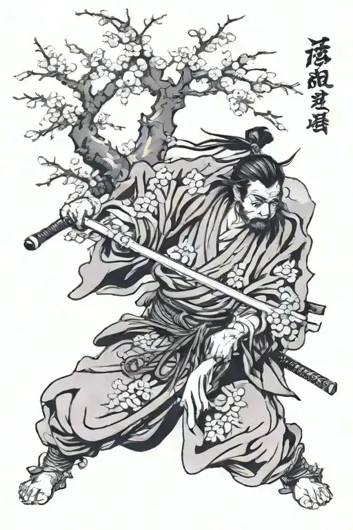 miyamoto Musashi with cherry tree tattoo design idea
