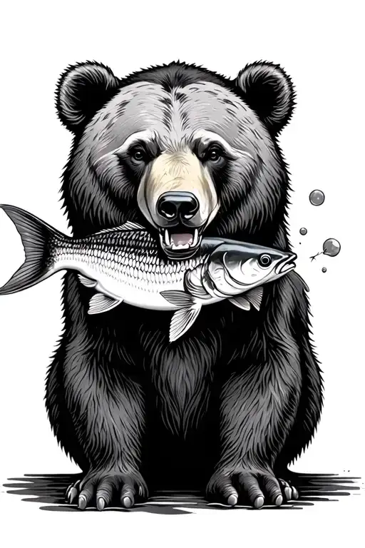 bear with fish in mouth tattoo design idea