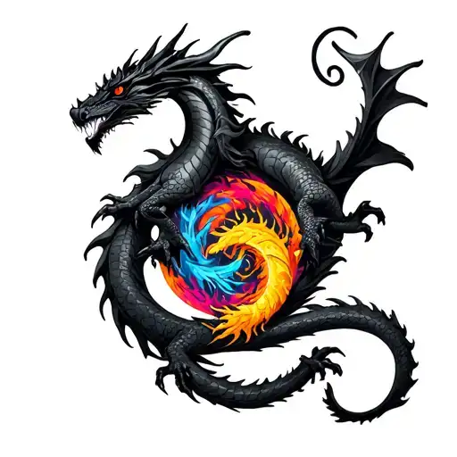 black death dragon curled in a circle above a colorful life dragon curled in a comma tattoo design idea