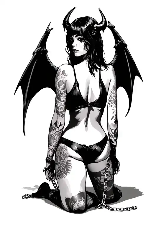 sexy Succubus On her knees chained down Hands behind your back wearing little clothing  full body With  bat wings  tattoo design idea