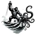 king kong hanging from the top of a lighthouse fighting an octopus in the waves beneath him tattoo design idea