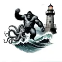 king kong hanging from the top of a lighthouse fighting an octopus in the waves beneath him tattoo design idea