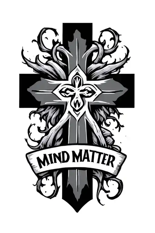 cross tattoo with mind over matter written under it tattoo design idea