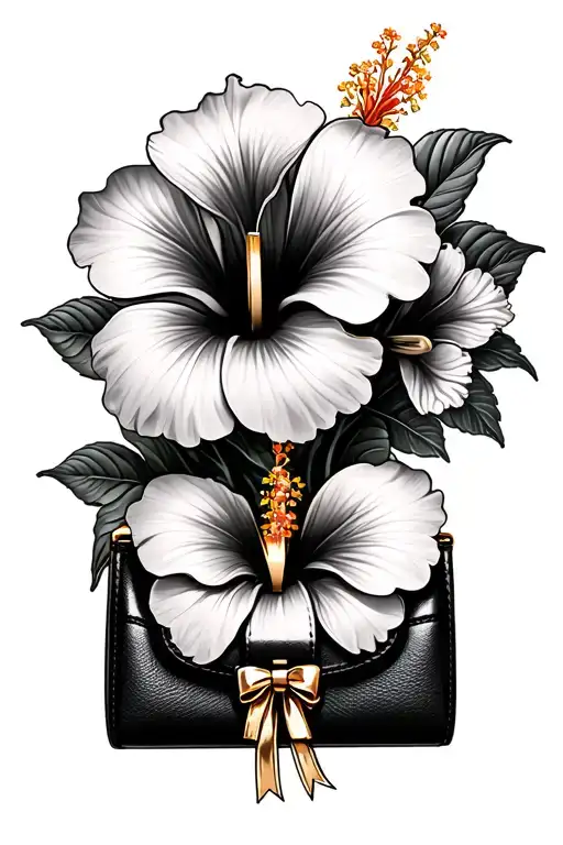 bouquet of hibiscus flowers with a black purse charm with a gold bow tattoo design idea