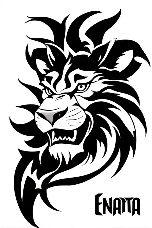 Polynesian tribal tattoo on forearm that incorporates a face of a real lion, enata, Tiki, Lizard, Shark tooth tattoo design idea