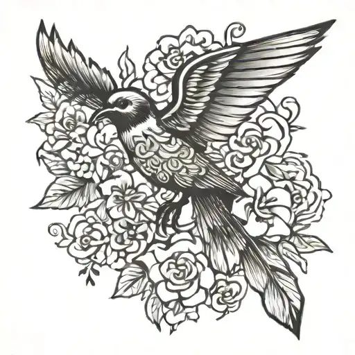 A floral bird flying tattoo design idea