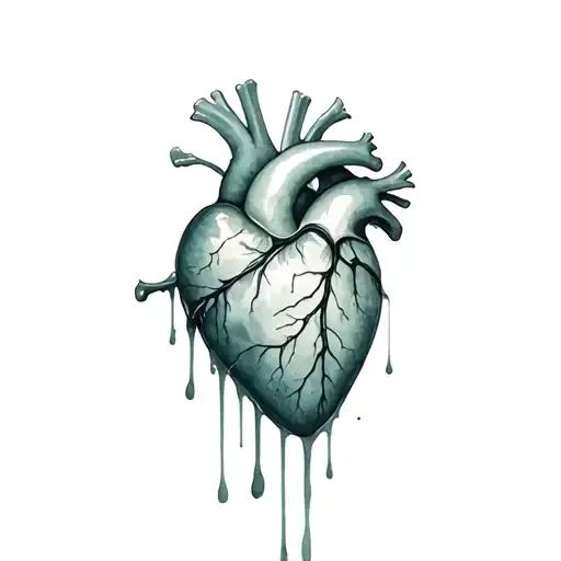 Realistic black heart bleeding, dark Green, grey, Veiny Vessels decaying rotting dying moldy Melting unsaturated, Toxic tattoo design idea