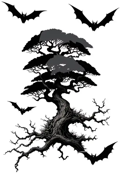 poison tree with bats flying tattoo design idea
