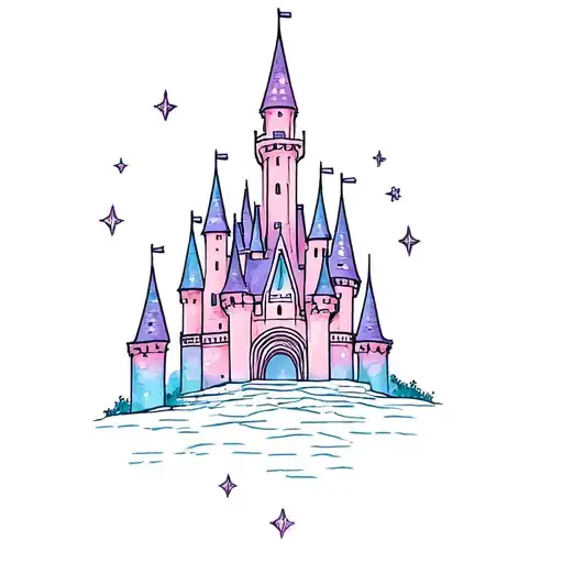 dainty disney castle tattoo with a little bit of color like purples pinks and blues pastel tattoo design idea