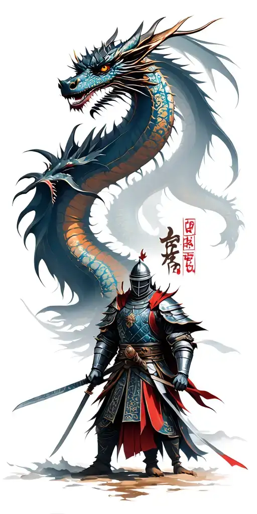 Knight versus Samurai with Fantasy and Eastern Dragons tattoo design idea